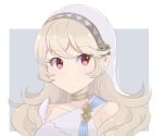  1girl artist_name chocomiru closed_mouth corrin_(fire_emblem) corrin_(fire_emblem)_(female) dot_nose dress eyebrows_visible_through_hair fire_emblem fire_emblem_fates hair_ornament hair_ribbon hairband long_hair looking_to_the_side official_alternate_costume pointy_ears red_eyes ribbon smile solo upper_body wavy_hair 