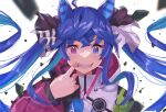  1girl @_@ ahoge animal_ears bangs blue_eyes blue_hair crazy_eyes crossed_bangs haru_yu heterochromia highres horse_ears jacket long_hair mouth_pull open_mouth sharp_teeth solo teeth twin_turbo_(umamusume) twintails umamusume upper_body very_long_hair violet_eyes 