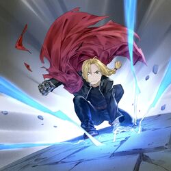  1boy ahoge belt blonde_hair braid braided_ponytail cloak collarbone edward_elric fullmetal_alchemist gloves hair_over_one_eye highres jacket kneeling long_hair looking_at_viewer official_style pants prosthesis prosthetic_arm shirt solo white_gloves yellow_eyes yijian_ma 