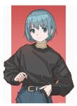  1girl belt_buckle black_sweater blue_eyes blue_hair buckle closed_mouth denim facing_viewer hair_ornament hairclip highres jeans long_sleeves looking_at_viewer mahou_shoujo_madoka_magica miki_sayaka pants shunken_he smile solo sweater turtleneck turtleneck_sweater upper_body 