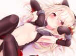  1girl :3 animal_ears armpits bangs baram bell black_gloves black_legwear blonde_hair commentary elbow_gloves eyebrows_visible_through_hair fate/kaleid_liner_prisma_illya fate_(series) fur_collar gloves hair_bell hair_between_eyes hair_ornament hair_spread_out illyasviel_von_einzbern jingle_bell long_hair looking_at_viewer navel paw_gloves paws red_eyes smile solo stomach thigh-highs 