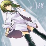  1girl bangs black_legwear breasts closed_mouth dated eyebrows_visible_through_hair green_eyes green_hair hair_between_eyes hekikai_no_aion highres kagesaki_yuna miyazaki_seine oversized_clothes oversized_shirt shirt short_hair_with_long_locks simple_background small_breasts solo sparkle thigh-highs white_shirt 