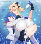  2girls ass back bare_shoulders black_legwear blonde_hair blue_eyes blue_hair blush full-face_blush gauron genshin_impact highres hug jacket jean_gunnhildr long_hair looking_at_viewer multiple_girls nijisanji nishizono_chigusa pleated_skirt ponytail short_hair skirt smile socks tenk violet_eyes 