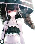  1girl bangs bare_arms bare_shoulders bikini black_bikini black_eyes black_hair black_umbrella blunt_bangs celestia_ludenberg closed_mouth collarbone commentary_request dangan_ronpa:_trigger_happy_havoc dangan_ronpa_(series) drill_hair eyebrows_visible_through_hair frilled_umbrella hand_up hat holding long_hair looking_at_viewer midriff navel pale_skin red_eyes sakuyu simple_background smile solo stomach swimsuit twin_drills twintails twitter_username umbrella upper_body white_background 