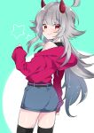  1girl ahoge alternate_costume azur_lane commentary_request grey_hair hibiki_(azur_lane) hood hoodie horns long_hair long_sleeves looking_at_viewer miniskirt off_shoulder oni_horns open_mouth pone red_eyes skirt smile solo sweater thigh-highs 