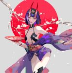  board_game cherry_blossoms cup fate/grand_order fate_(series) flower go highres holding horns japanese_clothes karna_(fate) kimono looking_at_viewer oni oni_horns open_clothes purple_hair revealing_clothes sakazuki sakuramochi1003 short_hair shuten_douji_(fate) solo violet_eyes 