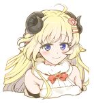  1girl bare_shoulders blonde_hair blue_eyes blush bow bowtie brooch closed_mouth cropped_torso curled_horns eyebrows_visible_through_hair hair_ornament hairclip highres hololive horns jewelry looking_at_viewer red_bow red_neckwear simple_background smile solo tsunomaki_watame upper_body violet_eyes white_background yoban 