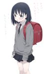  1girl absurdres backpack bag black_eyes black_hair commentary_request eniwa_shii highres looking_at_viewer randoseru short_hair simple_background sincos solo super_cub translation_request white_background 