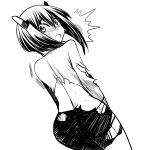  1girl bangs bike_shorts blush eyebrows_visible_through_hair from_behind greyscale hair_between_eyes head_tilt headgear highres kagesaki_yuna kantai_collection monochrome open_mouth panties shorts simple_background sketch solo sweat taihou_(kancolle) torn_clothes underwear 