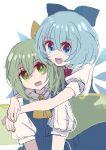  2girls absurdres bangs blue_bow blue_dress blue_eyes blue_hair bow cirno daiyousei dress eyebrows_visible_through_hair fairy_wings green_eyes green_hair hair_between_eyes hair_ribbon highres hug looking_at_viewer multiple_girls open_mouth puffy_short_sleeves puffy_sleeves red_neckwear ribbon shocho_(shaojiujiu) short_hair short_sleeves simple_background smile touhou white_background white_sleeves wings yellow_neckwear yellow_ribbon yuri 