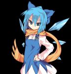  alphes_(style) black_background blue_eyes blue_hair bow cirno cirno-nee hair_bow hair_ornament hand_on_hip ice parody riicha scarf solo style_parody touhou tsurime wings 