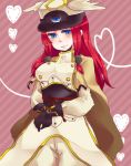  bangs blazblue blue_eyes cape caramel_cook female hat long_hair redhead solo tsubaki_yayoi uniform 