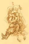  blush bow closed_eyes dress fujiwara_no_mokou hair_ribbon heart hug kamishirasawa_keine long_hair monochrome multiple_girls ribbon sepia shinoasa shoes sitting sketch spot_color suspenders sweatdrop touhou yuri 