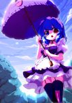  apron blue_eyes blue_hair blush breasts cloud clouds enmaided garter_belt garter_straps hazumi_miruku heterochromia karakasa karakasa_obake maid maid_headdress red_eyes short_hair sky tatara_kogasa thigh-highs thighhighs tongue touhou umbrella 