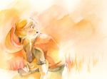  1girl androgynous blonde_hair blush hug leaning mikan528 open_mouth pokemon pokemon_special ponytail red_(pokemon) reverse_trap sleeves_rolled_up surprised sweat traditional_media watercolor_(medium) yellow_(pokemon) 