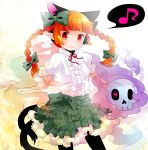  alternate_costume animal_ears bow braid cat_ears cat_tail hair_bow heart highres kaenbyou_rin moonyan multiple_tails musical_note pantyhose pointy_ears red_hair redhead skull solo tail touhou twin_braids 