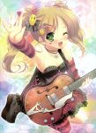  arm_warmers badge blonde_hair boots button_badge cross green_eyes guitar hair_ornament hairclip heart highres instrument mitsumomo_mamu nail_polish open_mouth single_thighhigh smiley_face striped thigh-highs thighhighs twintails wink 