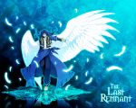  aqua_background blue_hair closed_eyes coat feathers hataka_nohito long_hair pants the_conqueror the_last_remnant title_drop wings 
