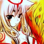  amaterasu animal_ears bare_shoulders black_eyes bodypaint curly_hair fire glare long_hair okami personification tagme tattoo white_hair 