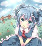  alternate_hairstyle bad_id blue_eyes blue_hair bow cirno colored_eyelashes dress eyelashes flower hair_bow meadow mitsu_yomogi open_mouth short_twintails smile touhou twintails v_arms 