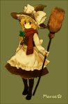  apron blonde_hair braid broom brown_eyes buttons character_name dress hair_ribbon hat kirisame_marisa mary_janes meeko ribbon scarf shoes smile solo touhou witch witch_hat 