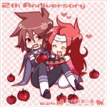   blush brown_hair closed_eyes fang headband kratos_aurion male open_mouth red_eyes redhead short_hair tales_of_symphonia tears tomato zelos_wilder  