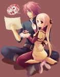  bow brown_eyes cake couple fork gif kratos_aurion long_hair pink_hair redhead short_hair simple_background sweatdrop tales_of_symphonia 