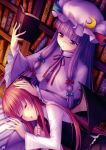  2girls absurdres bangs bat_wings blunt_bangs book bookshelf closed_eyes crescent duplicate hair_ribbon hat head_wings highres koakuma lap_pillow library multiple_girls patchouli_knowledge purple_eyes purple_hair reading red_hair ribbon sayori sitting sleeping touhou voile wings 