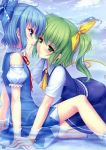  absurdres blue_eyes blue_hair blush bow bracelet cirno daiyousei detached_sleeves finger_to_mouth green_eyes green_hair hair_bow highres holding_hands jewelry multiple_girls ribbon sayori short_hair side_ponytail touhou water wings yuri 