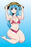  barefoot bikini breasts error fuantei hand_on_hat hat kneeling shinki side_ponytail sitting smile straw_hat swimsuit touhou wariza 