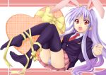  black_legwear blazer blush bunny_ears dress_shirt feet highres leaning_back legs long_hair miniskirt necktie ochimusha panties pleated_skirt purple_hair rabbit_ears red_eyes reisen_udongein_inaba ribbon shirt sitting skirt thigh-highs thighhighs toe-point touhou underwear white_panties 