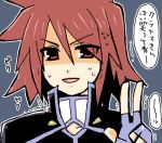  brown_eyes brown_hair fingerless_gloves kratos_aurion male short_hair simple_background solo sweatdrop tales_of_symphonia translation_request 