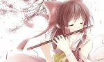  bloom bow brown_hair caidychen closed_eyes detached_sleeves flower flute hair_bow hakurei_reimu highres instrument peaceful petals solo touhou wind 