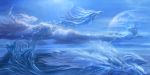  clouds dragon fantasy highres moon no_humans ocean original scenery sky ucchiey water waves 