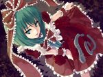  colored dress frills green_eyes green_hair hair_ribbon highres kagiyama_hina kamikage_kirino light_particles mizutsuki_arika ribbon short_hair solo touhou 