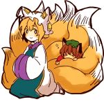  blonde_hair brown_hair cat_ears chen chibi fox_tail hands_in_sleeves looking_back lowres meeko multiple_tails no_nose short_hair sketch sleeping smile tail tail_hug touhou yakumo_ran 