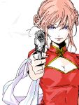  blue_eyes breasts china_dress chinese_clothes cleavage double_bun gintama grin gun kagura_(gintama) lowres pov_aiming red_hair redhead scarf smile weapon 