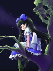  black_hair blush bow branch hair_bow hitoshise long_hair red_eyes sitting smile solo star_sapphire touhou tree wings 