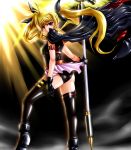  cape fate_testarossa gao_(naodayo) gloves highres latex latex_gloves long_hair looking_back mahou_shoujo_lyrical_nanoha mahou_shoujo_lyrical_nanoha_strikers polearm red_eyes scythe shiny solo thigh-highs thighhighs twintails weapon 