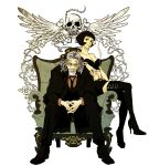  belt chair cigarette facial_hair formal glasses heart high_heels long_hair necktie one_piece pon_(puppupon) scar shakuyaku_(one_piece) shoes silvers_rayleigh sitting skull smoking suit thighhighs 