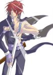  brown_eyes fingerless_gloves kratos_aurion male open_shirt redhead short_hair simple_background solo sword tales_of_symphonia 