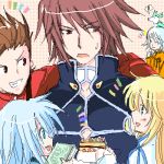  blonde_hair blue_eyes blue_hair brown_eyes brown_hair cake colette_brunel genis_sage green_eyes kratos_aurion lloyd_irving oekaki open_mouth raine_sage sketch sweatdrop tales_of_symphonia 