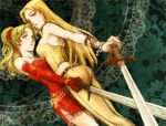  ass belt blonde_hair celes_chere daytime dress earrings final_fantasy final_fantasy_vi green_eyes jewelry long_hair multiple_girls no_legwear ponytail sword tina_branford weapon 