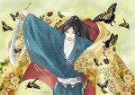 bad_id black_hair butterfly hexagon himmelisch-garten japanese_clothes kimono long_hair male original ponytail signature solo sword weapon 