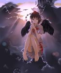  backlighting bad_id barefoot black_hair black_wings brown_eyes cloud feet floating hands hands_clasped hat highres orange_eyes rby_(artist) shameimaru_aya shikihara_mitabi short_hair sitting sky smile smirk tokin_hat touhou wings 