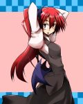  arms_up bat_wings hairband head_wings hemogurobin_a1c koakuma long_hair mouth_hold ponytail red_eyes red_hair redhead solo touhou wings 