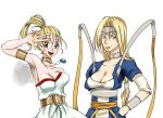  2girls armband armpit_hair armpits blonde_hair blue_eyes breasts choker chrono_trigger cleavage dragon_quest_vi female gizumo green_eyes hands_on_hips headband long_hair marle mireyu multiple_girls necklace open_mouth ponytail sweat wristband 