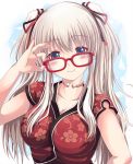  bespectacled blue_eyes blush breasts china_dress chinese_clothes cleavage glasses hair_ribbon large_breasts long_hair mabinogi nao ribbon silver_hair sisco smile twintails 