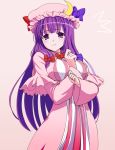  1girl 2sox[black] between_breasts blush bow breasts crescent hair_bow hands hat highres large_breasts long_hair patchouli_knowledge purple_eyes purple_hair ribbon robe simple_background solo tears touhou violet_eyes 