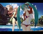  :3 aqua_eyes aqua_hair ass bad_id bikini building flower hair_flower hair_ornament hatsune_miku highres jacket letterboxed long_hair looking_back megurine_luka multiple_girls navel photo_background pink_hair pool scenery shuku smile sunglasses swimsuit swimsuit_under_clothes twintails unzipped very_long_hair vocaloid 
